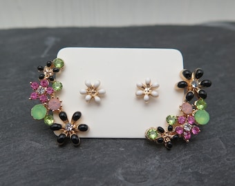 Studs Ear Jacket - flores de esmalte negro verde blanco rosa rosa - arco dorado brillo cristales flor tendencia regalo pendientes noble