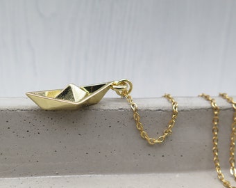 Geometric necklace - boat origami gold plated - ship boat necklace stainless steel Japan folded paper gold gift sea waves holiday