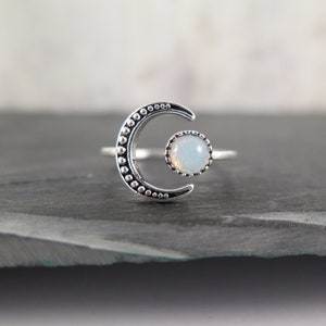 Planet Ring - Crescent Luminous Moonstone - Moon Jewelry Antique Style Silver Plated Blackened Adjustable Wedding Gift Mother's Day Love