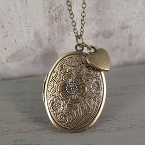 Flower locket antique bronze with heart necklace love vintage style gift for a photo memory image 1