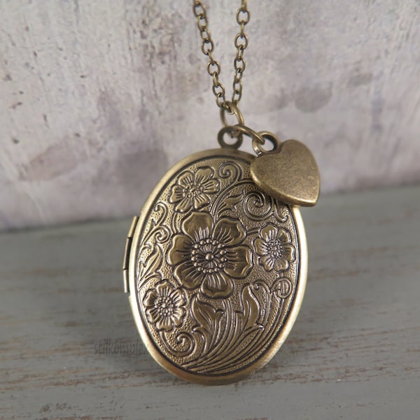 Blumen Medaillon antikbronze mit Herz - Kette Liebe Vintage Stil Geschenk für eine Foto Erinnerung