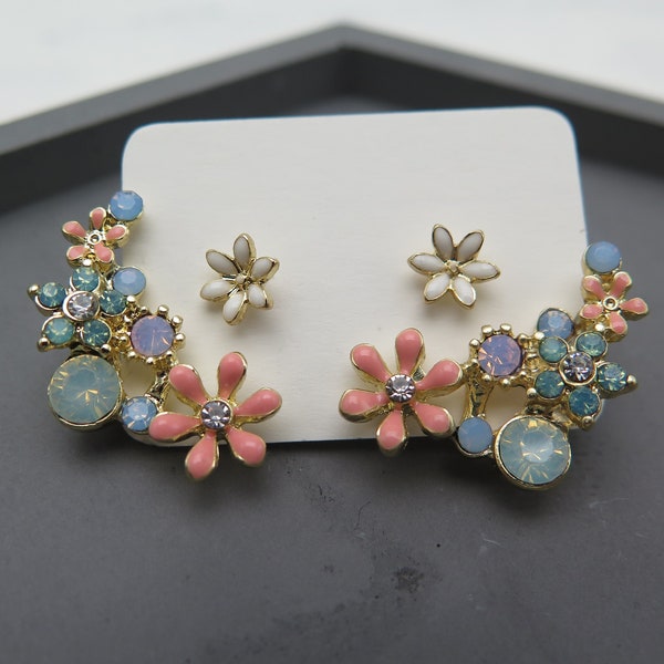 Earring Earring Ear Jacket - Enamel Flowers Pastel - Bow Gold Plated Glitter Crystals White Salmon Green Light Blue / Bride / Gift / Boho Trend