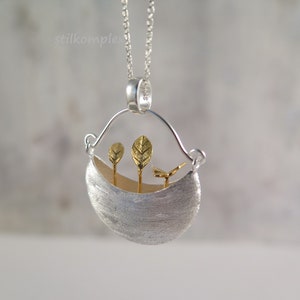 925 Sterling Silver Necklace - small garden bicolor - partially gold plated butterfly flowers leaves bag nature gift garden lover love