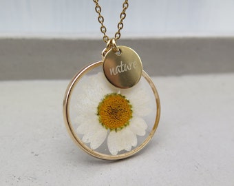 Engraving - real fine flower chain flat - daisies circle gold-plated frame 12 mm plate gold stainless steel chain flowers gift jewelry