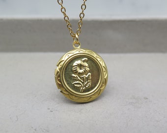 Vintage Stil Medaillon klein - Blume im Rahmen - Edelstahl Kette vergoldet Retro Look Halskette Geschenk Schmuck Foto Erinnerung Liebe Blüte