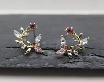 Stud earrings half wreath - leaves branch noble - gold plated glitter crystals red pink clear wedding bride gift love boho autumn jewelry noble