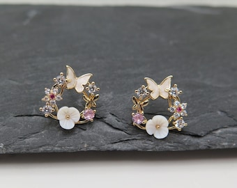 Stud earrings wreath - flower butterfly enamel white gold plated - gold glitter crystals wedding gift love classy pink sweet Mother's Day