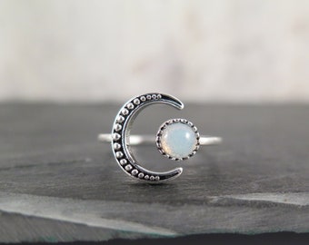 Planet Ring - Crescent Moon with Luminous Moonstone - Antique Style Moon Jewelry, Silver Plated, Blackened, Adjustable, Wedding Gift, Autumn, Love