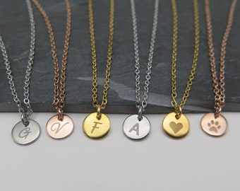 Engraving - Necklace with pendant 8 mm - Stainless steel silver, gold or rose gold / Initial chain / Personalized / Charm / Letter / Engraving jewelry