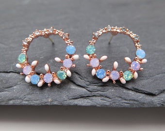Earrings Wreath - Glitter Flowers Enamel rose blue green white - rose gold plated crystals , great gift , boho , earrings , pastel