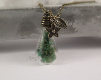 Necklace - real moss glass drops leaf + flower - bronze colored necklace natural jewelry green dried love gift nature moss necklace glass noble