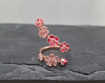 Spiral Ring Glitzer Kristalle - Blüten Emaille rot weiss rosévergoldet - verstellbar Bandring Schmuck rosa Liebe Hochzeit Geschenk Natur süß
