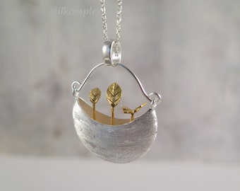 925 Sterling Silver Necklace - Small Garden Bicolor - Partially Gold Plated Butterfly Flowers Leaves Bag Nature Gift Garden Lover Love