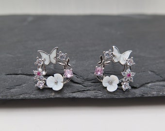Stud earrings wreath - flower butterfly enamel white silver plated - glitter crystals silver wedding gift love classy pink Mother's Day nature
