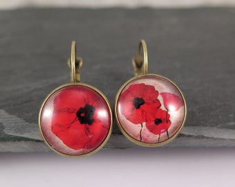 Boucles d’oreilles - coquelicots rouges - Boucles d’oreilles de couleur bronze Pendentifs vintage Look verre grand cadeau