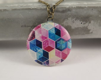 Locket necklace - geometric hexagon - 3D pattern colorful bronze hexagon