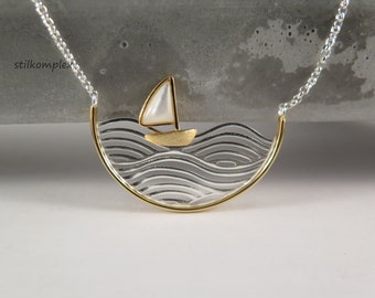 925 Sterling Silver Wave Necklace - Sailboat in the Sea - bicolor matt gold plated sail mother of pearl ship travel gold vacation water North Sea Baltic Sea