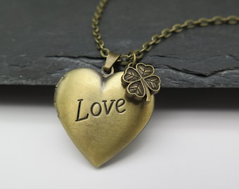 Herz Medaillon - Love mit Kleeblatt - antik bronze Kette Liebe Hochzeit Schmuck  Geschenk Muttertag für eine Foto Erinnerung Freundin Fest