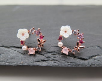 Stud earrings wreath - flower butterfly rose gold pearl white - rose gold plated glitter crystals pink wedding gift love spring noble rose