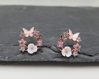 Stud earrings wreath - flower butterfly enamel white rose gold - rose gold plated glitter crystals wedding gift love classy pink Mother's Day