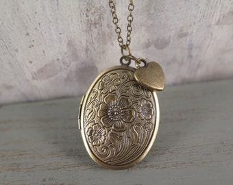 Blumen Medaillon antikbronze mit Herz - Kette Liebe Vintage Stil Geschenk für eine Foto Erinnerung