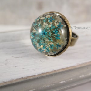 Bague - véritables fleurs d'aneth vert turquoise - 20 mm réglable couleur bronze fleur bijoux fleurs look vintage cabochon cadeau bijoux fleur