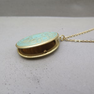 Flower vintage style medallion gold plated with antique patina turquoise blue green stainless steel chain / retro / gift for a photo memory image 4