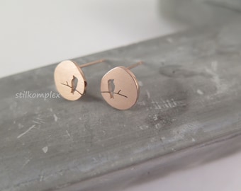 Ohrstecker - Vogel auf Ast rosè - Edelstahl rosévergoldet Stecker Ohrschmuck Vögel rund Ohrringe Schmuck Tier Liebe Boho Trend edel fein