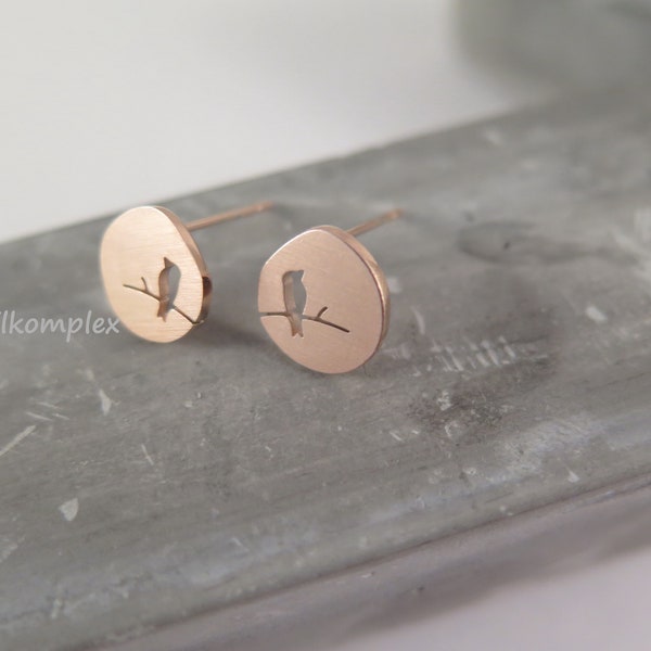 Ohrstecker - Vogel auf Ast rosè - Edelstahl rosévergoldet Stecker Ohrschmuck Vögel rund Ohrringe Schmuck Tier Liebe Boho Trend edel fein