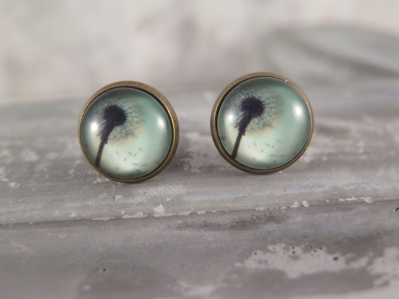 Stud earrings dandelion green glass cabochon earrings bronze flowers jewelry gift dandelion blossom nature girlfriend floral jewelry flower image 1