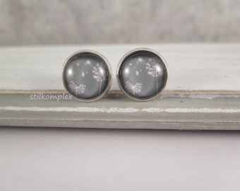 Stud earrings - dandelion glass cabochon gray - earrings silver flowers nature jewelry cabochon print gift plug flower jewelry blossom