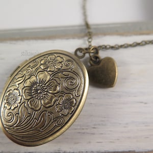 Flower locket antique bronze with heart necklace love vintage style gift for a photo memory image 4