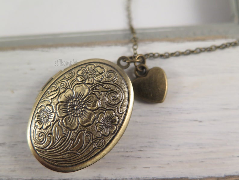 Flower locket antique bronze with heart necklace love vintage style gift for a photo memory image 4