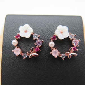 Stud earrings wreath flower butterfly rose gold pearl white rose gold plated glitter crystals pink wedding gift love spring noble rose image 3