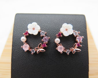 Glitter wreath earrings - rose gold garden flower butterfly pearl - rose gold plated crystals pink bridal summer jewelry friendship gift