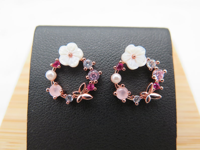 Stud earrings wreath flower butterfly rose gold pearl white rose gold plated glitter crystals pink wedding gift love spring noble rose image 3
