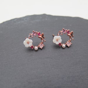 Stud earrings wreath flower butterfly rose gold pearl white rose gold plated glitter crystals pink wedding gift love spring noble rose image 4