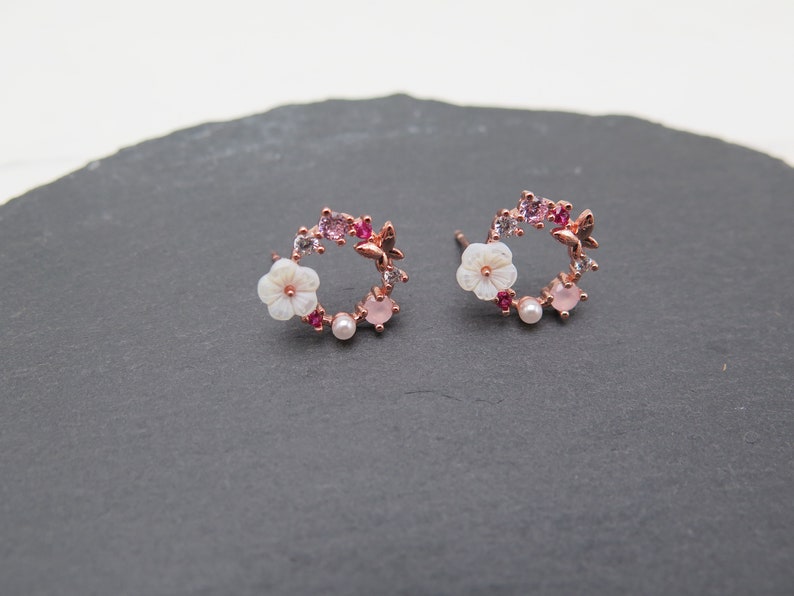 Stud earrings wreath flower butterfly rose gold pearl white rose gold plated glitter crystals pink wedding gift love spring noble rose image 4