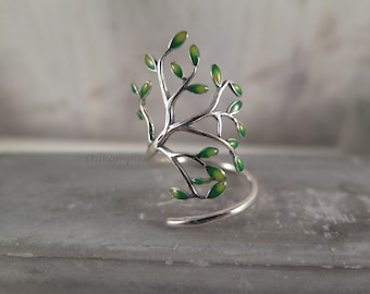 Bague en argent sterling 925 - arbre avec émail - arbre de vie vert bijoux naturels bijoux réglables amoureux de la nature cadeau tendance automne fine