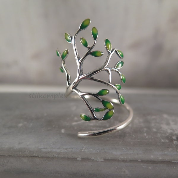 925 Sterling Silber Ring - Baum mit Emaille - grün Lebensbaum Naturschmuck verstellbar Schmuck Natur Liebhaber Geschenk Trend Herbst fein