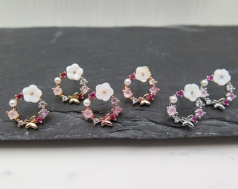 Ohrstecker Kranz Bestseller - Blume Schmetterling weiß Perle Farbwahl - Glitzer Kristalle roségold silber oder gold pink Hochzeit edel Braut