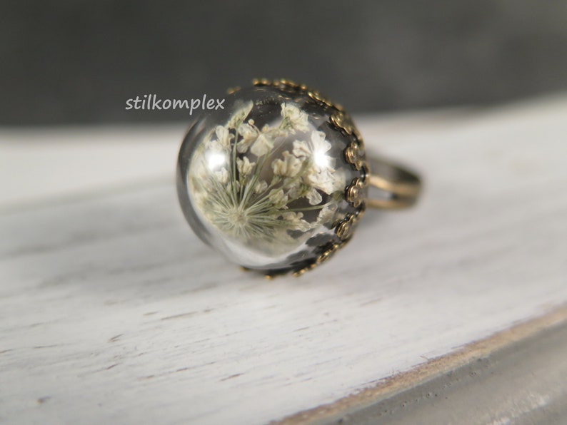 Romantic ring real dill flowers cream bronze adjustable flower jewelry flowers jewelry gift wedding boho girlfriend love image 1