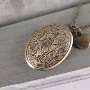 Flower locket antique bronze with heart necklace love vintage style gift for a photo memory image 7