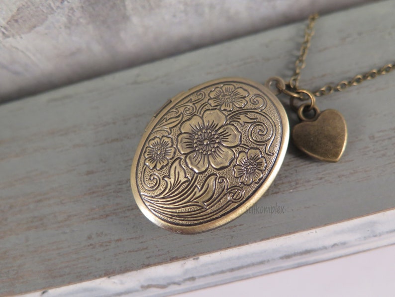 Flower locket antique bronze with heart necklace love vintage style gift for a photo memory image 7