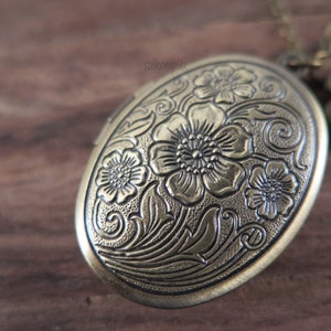 Flower locket antique bronze with heart necklace love vintage style gift for a photo memory image 5