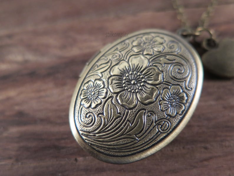 Flower locket antique bronze with heart necklace love vintage style gift for a photo memory image 5