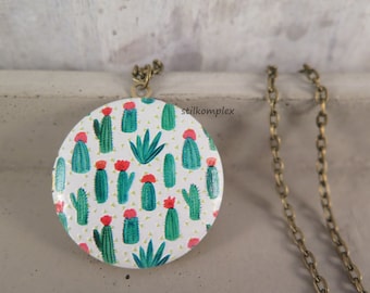 Locket necklace - cacti - 3D white with green cactus, trend bronze