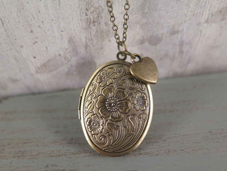 Flower locket antique bronze with heart necklace love vintage style gift for a photo memory image 1