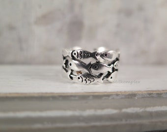 Ring - Fish School - Bandring adjustable silver-plated blackened Fish Fish Sea Holiday Water Love Animal Jewelry North Sea Baltic Sea Wanderlust