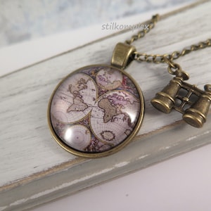 Kette -Weltkarte mit Fernglas Vintage Stil - bronzefarben Reise Welt Urlaub Weltenbummler Fernweh Welt Kontinente Land Liebe Halskette